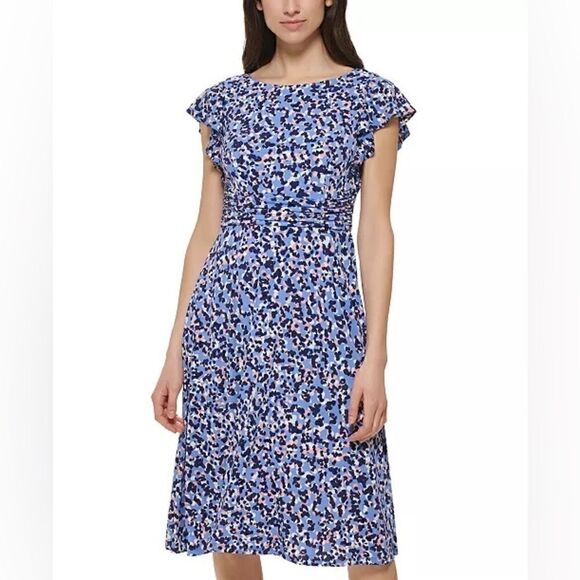JESSICA HOWARD Women's size 8 Printed Flutter-Sleeve Dress Ruched Waist Knit - Picture 1 of 11